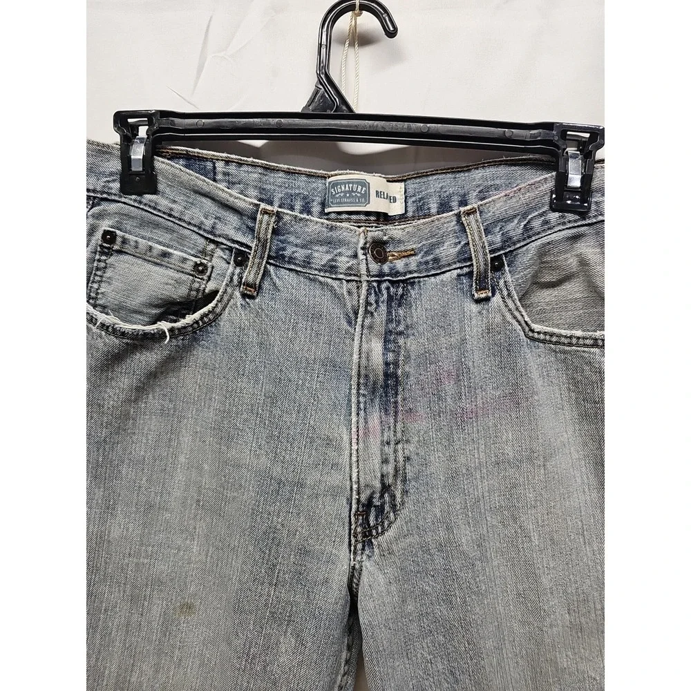 Levi Strauss Signature Men Blue Relaxed Fit Distressed Classic Denim Jeans 36x30